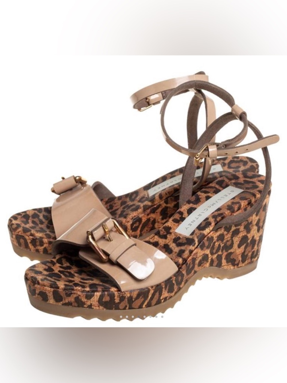 STELLA MCCARTNEY Leopard Print Wedge Sandals with Beige Patent Straps